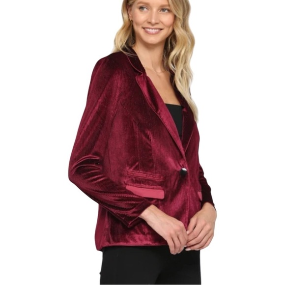 FATE Burgundy Red Velvet Luxe Notched Lapel One Button Blazer Womens Size S - Picture 1 of 14